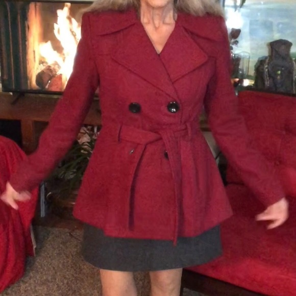 Short Burgundy Red Trench Coat by Rampage - Picture 2 of 9